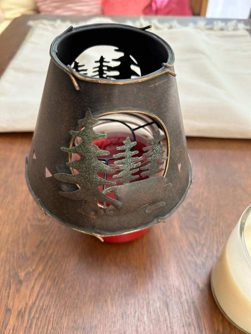 Rustic Metal Pine Trees candle shade - Brown. Cutout, 3 dimensional, like moon.